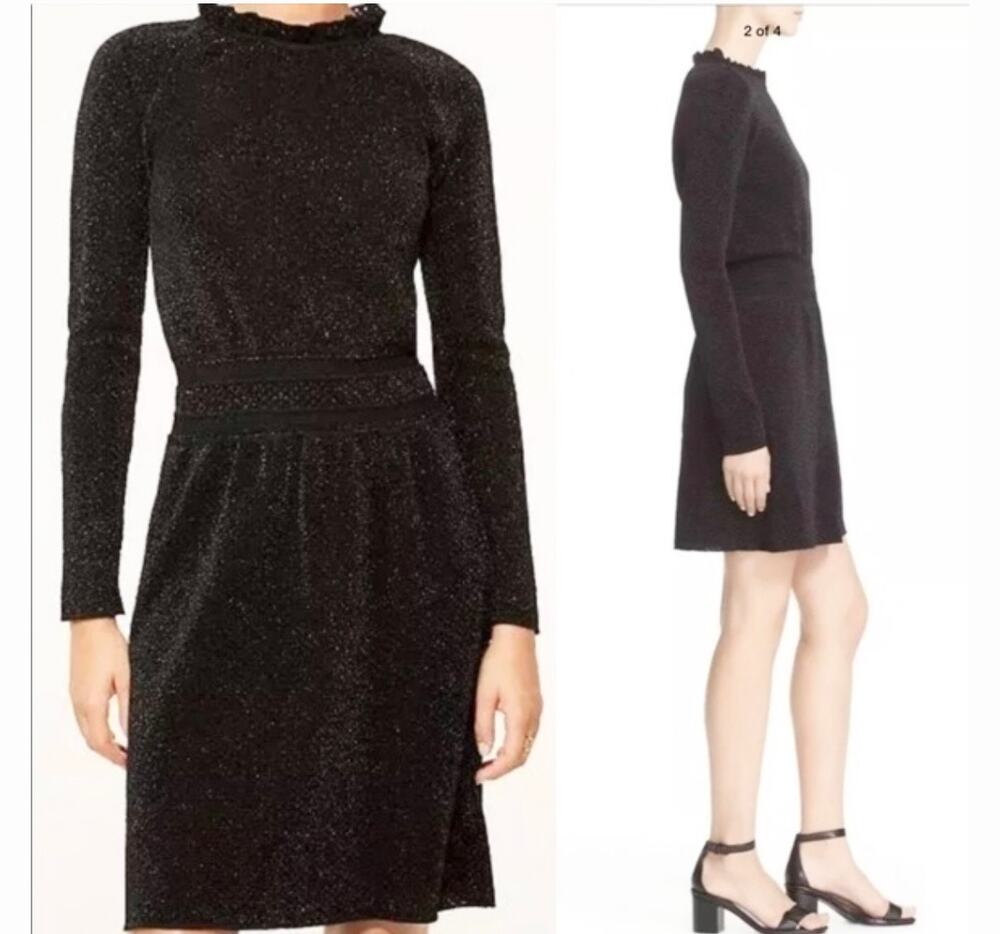 Tory Burch Black Isabelle Wool Metallic Knit Ruffle Neck Sweater Dress Large